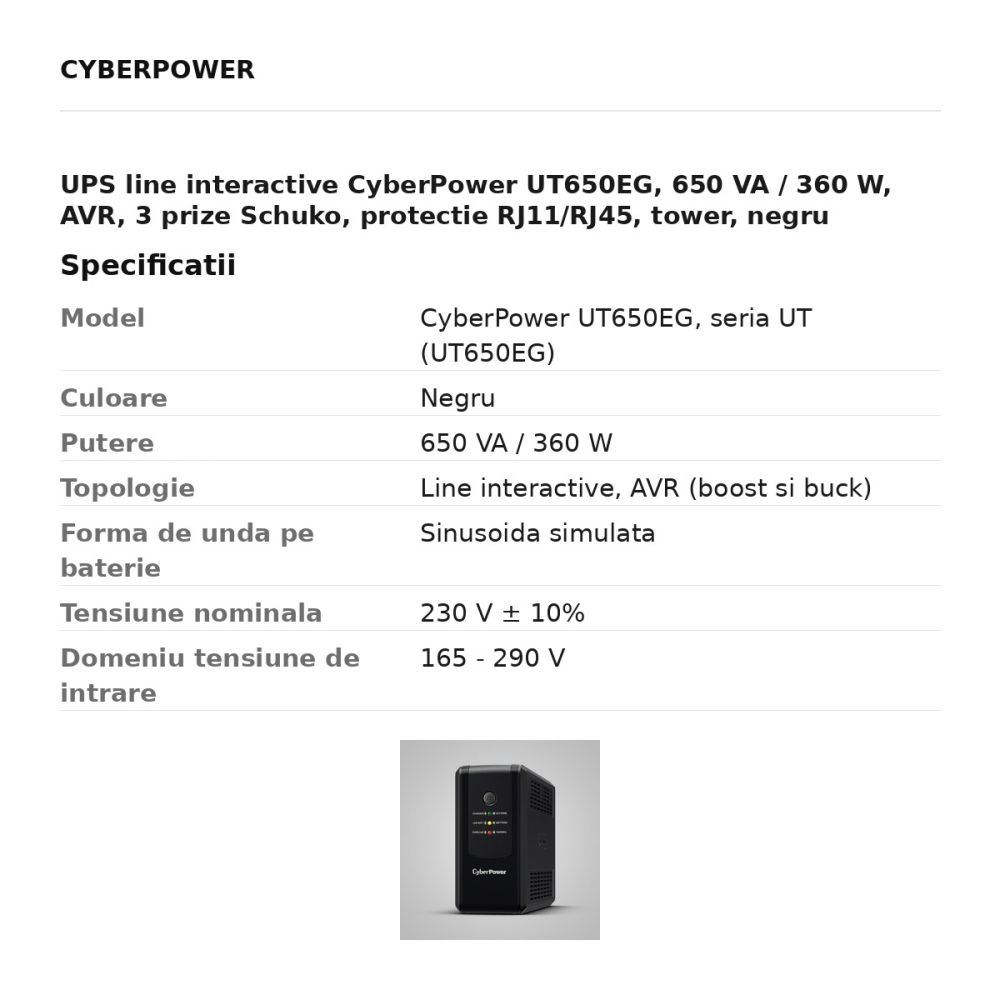 UPS line interactive CyberPower UT650EG, 650 VA / 360 W, AVR, 3 prize Schuko, protectie RJ11/RJ45, tower, negru [3]