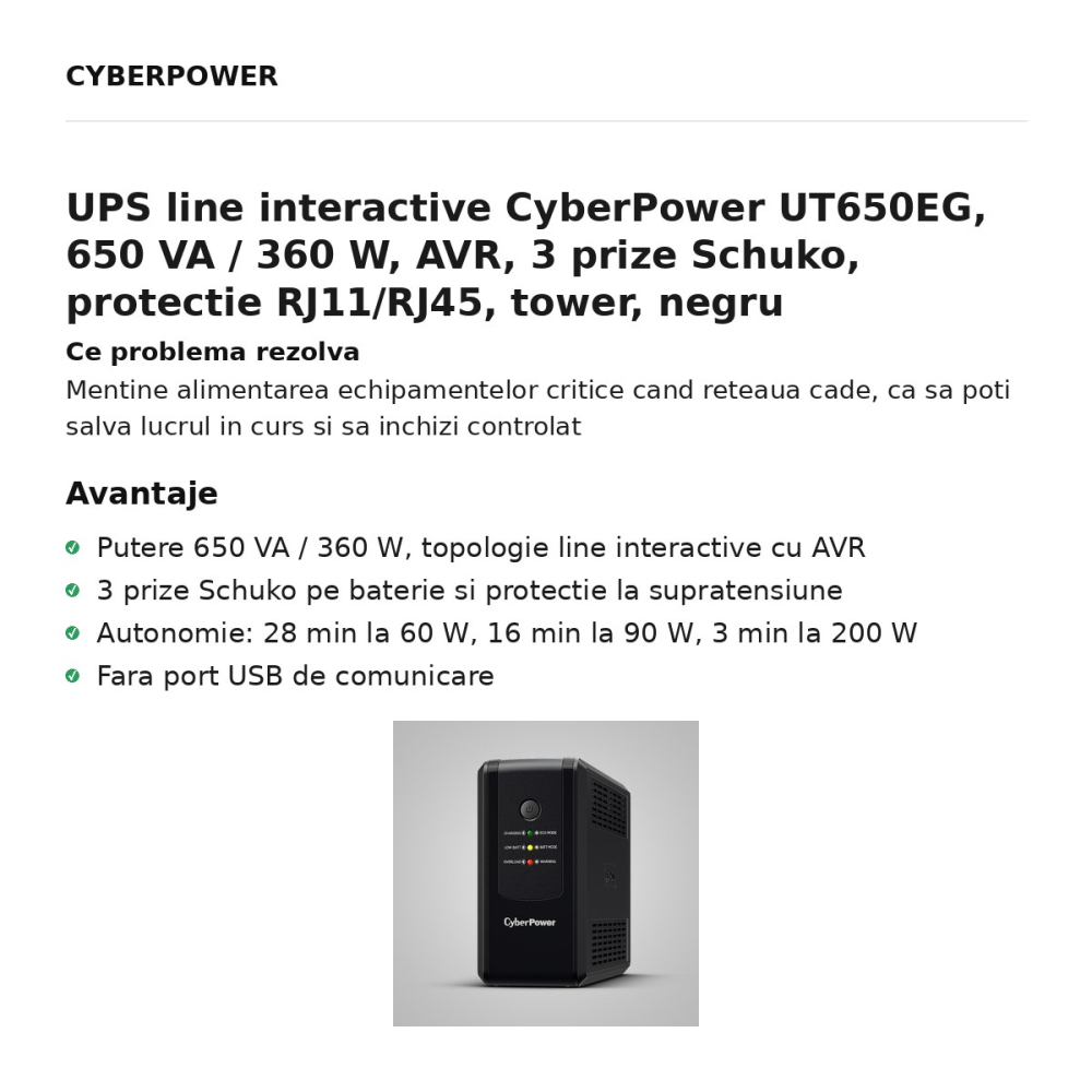 UPS line interactive CyberPower UT650EG, 650 VA / 360 W, AVR, 3 prize Schuko, protectie RJ11/RJ45, tower, negru [2]