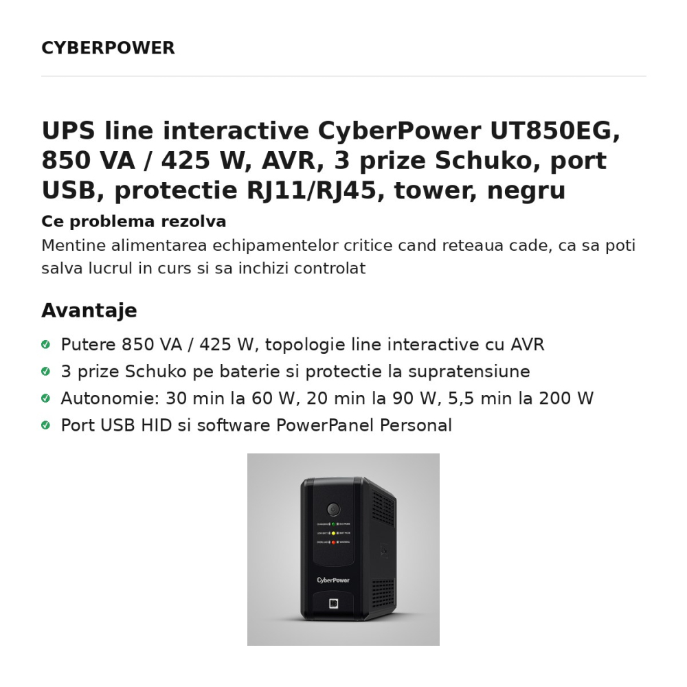 UPS line interactive CyberPower UT850EG, 850 VA / 425 W, AVR, 3 prize Schuko, port USB, protectie RJ11/RJ45, tower, negru [2]