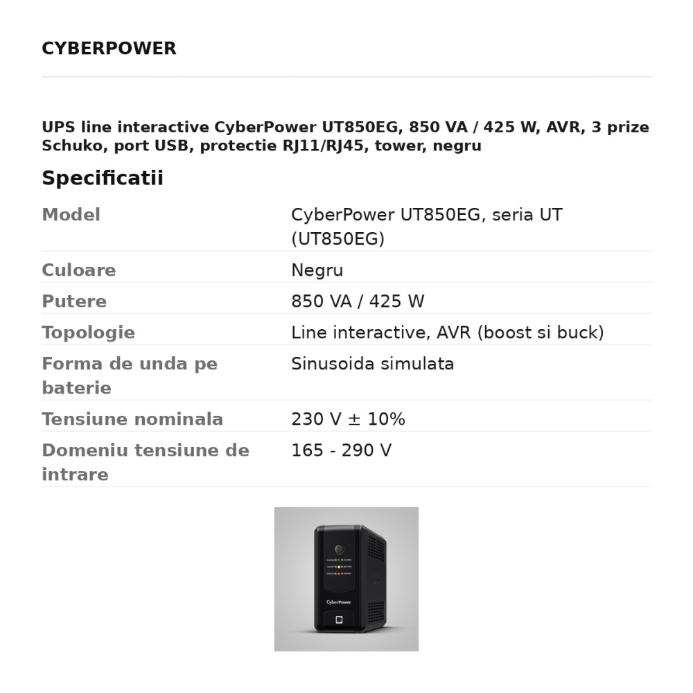UPS line interactive CyberPower UT850EG, 850 VA / 425 W, AVR, 3 prize Schuko, port USB, protectie RJ11/RJ45, tower, negru [3]