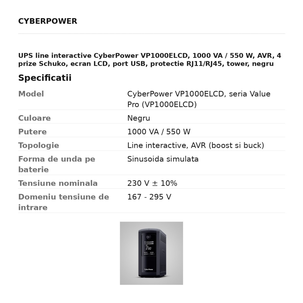 UPS line interactive CyberPower VP1000ELCD, 1000 VA / 550 W, AVR, 4 prize Schuko, ecran LCD, port USB, protectie RJ11/RJ45, tower, negru [3]