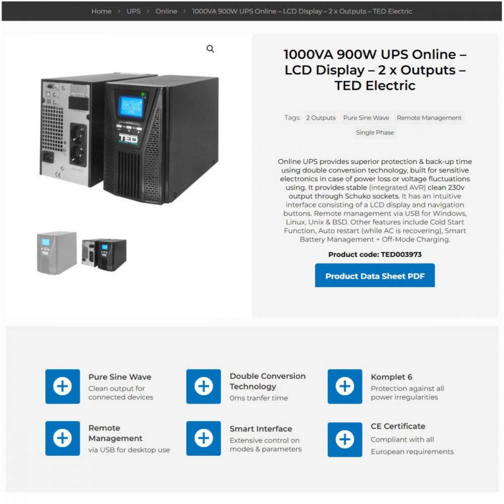 UPS Online 1000VA 900W Dubla Conversie Sinus Pur LCD 2 Iesiri Schuko Management Remote pentru Echipamente Critice TED Electric TED003973 [3]