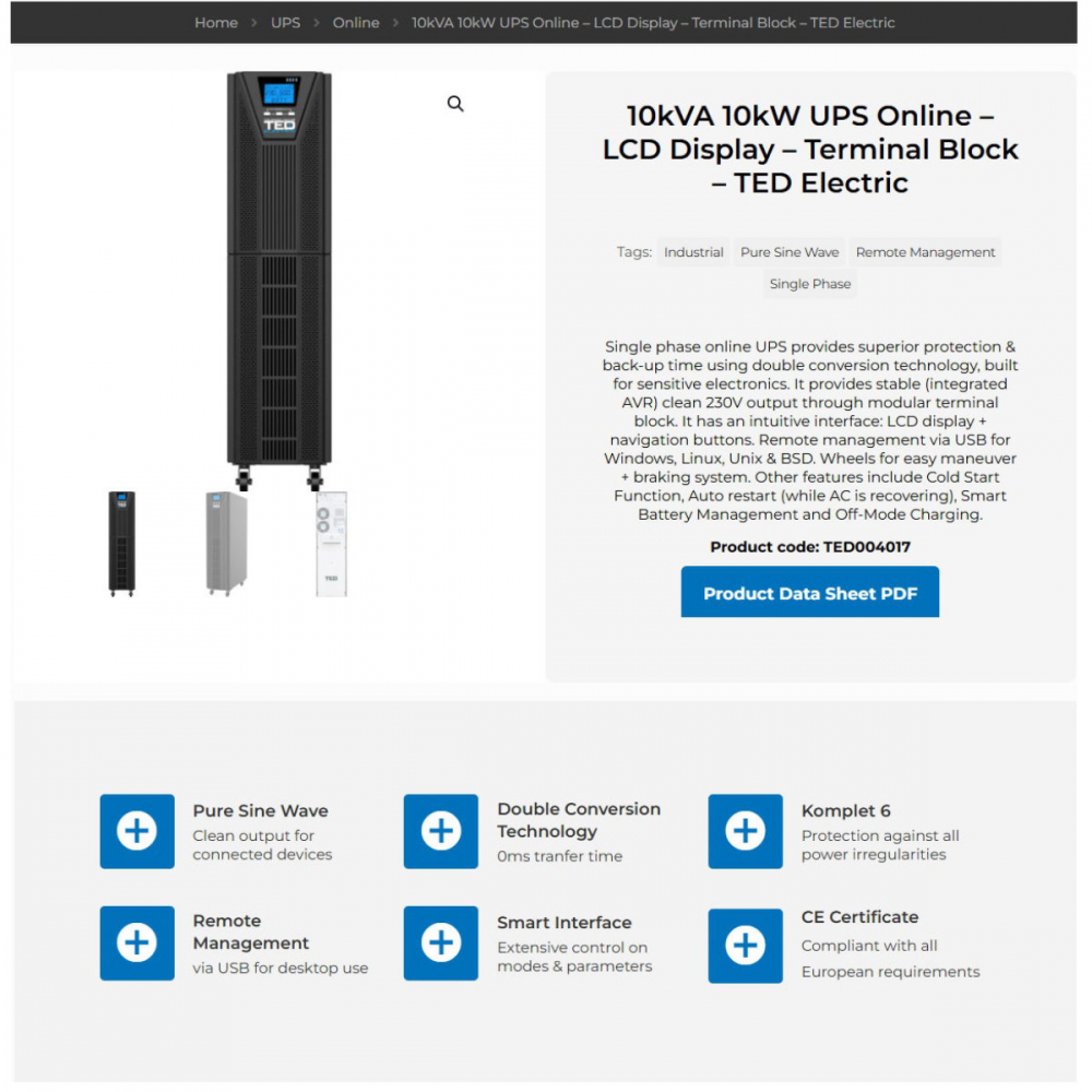 UPS Online 10kVA 10kW Dubla Conversie Sinus Pur Terminal Block Management Remote Integrare SCADA pentru Centre Date & Industrial TED Electric TED004017 [4]