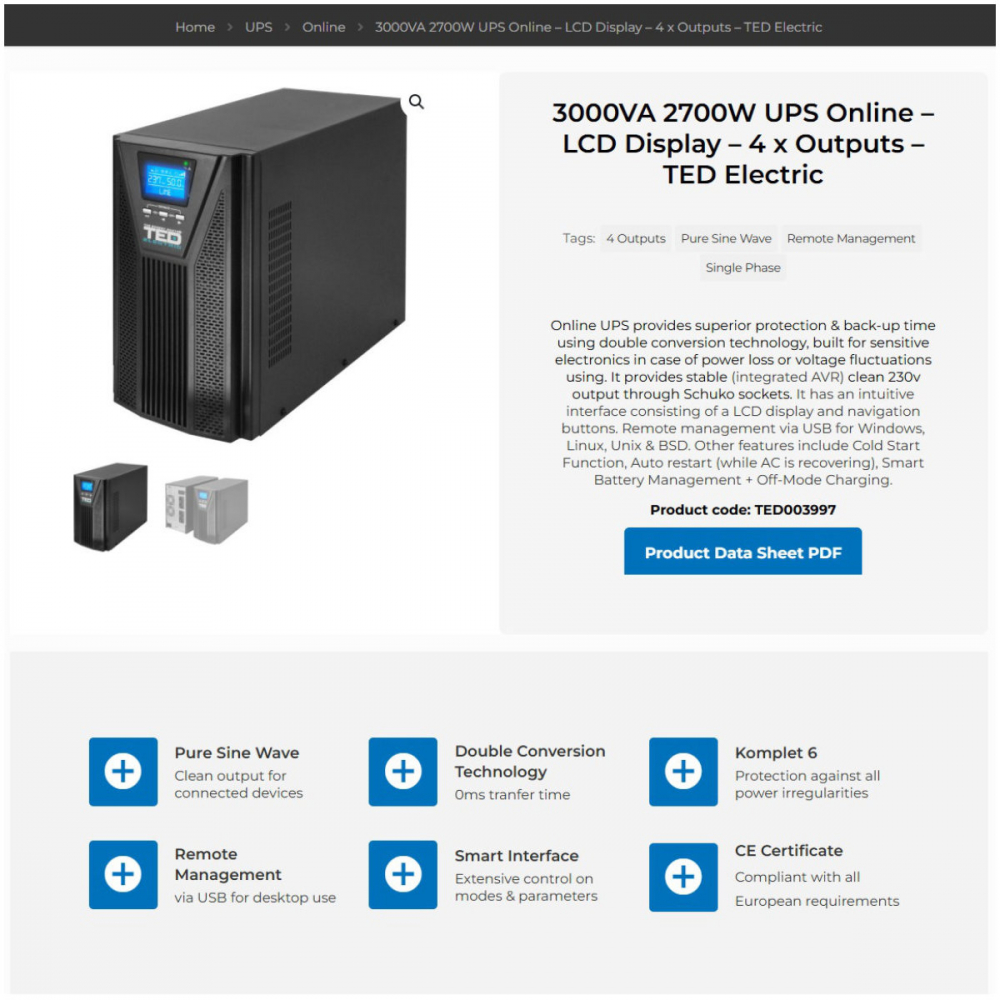 UPS Online 3000VA 2700W Dubla Conversie Sinus Pur LCD 4 Iesiri Schuko Management Remote pentru Centre Date & Utilaje Industriale TED Electric TED003997 [4]