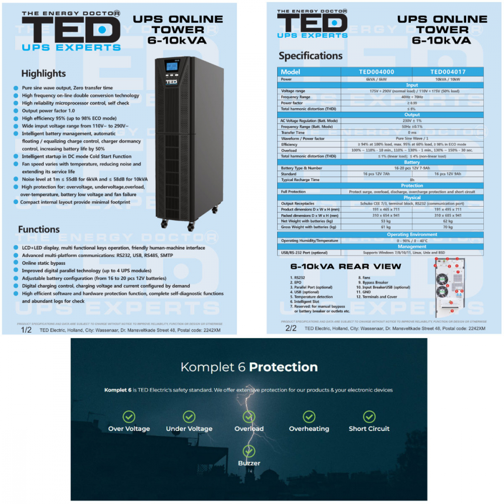 UPS Online 6kVA 6kW Dubla Conversie Sinus Pur Terminal Block Management Remote Integrare SCADA pentru Centre Date & Industrial TED Electric TED004000 [6]