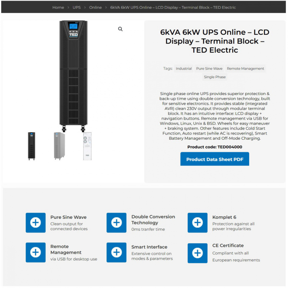 UPS Online 6kVA 6kW Dubla Conversie Sinus Pur Terminal Block Management Remote Integrare SCADA pentru Centre Date & Industrial TED Electric TED004000 [4]