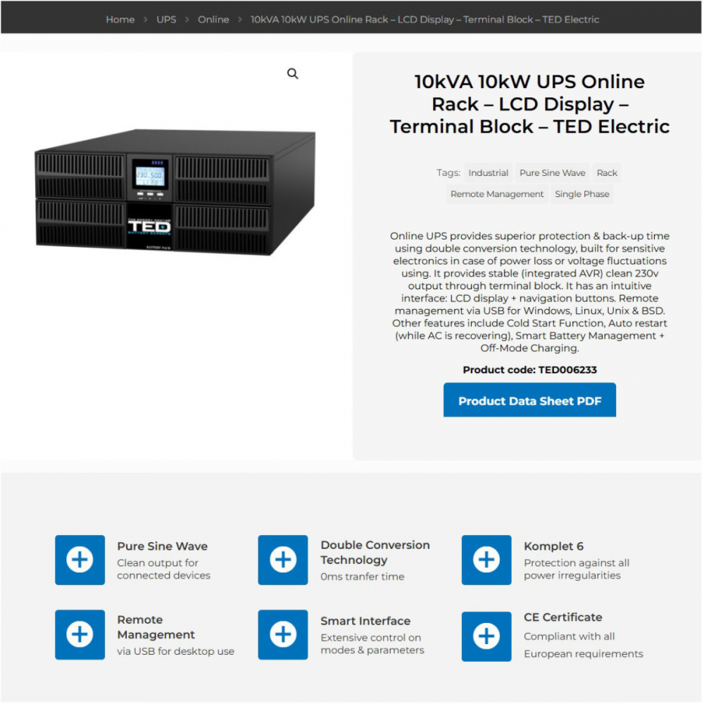 UPS Online Rack 10kVA 10kW Dubla Conversie Sinus Pur Terminal Block Management Remote pentru Centre Date & Industrial TED Electric TED006233 [2]