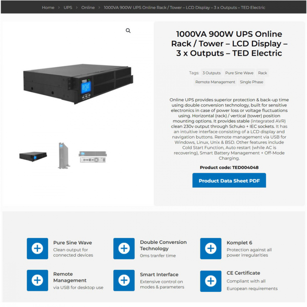 UPS Online Rack/Tower 1000VA 900W Dubla Conversie Sinus Pur 3 Iesiri (Schuko+IEC) Management Remote pentru Retelistica & Servere TED Electric TED004048 [4]