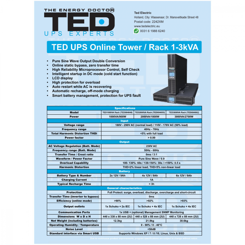 UPS Online Rack/Tower 1000VA 900W Dubla Conversie Sinus Pur 3 Iesiri (Schuko+IEC) Management Remote pentru Retelistica & Servere TED Electric TED004048 [6]