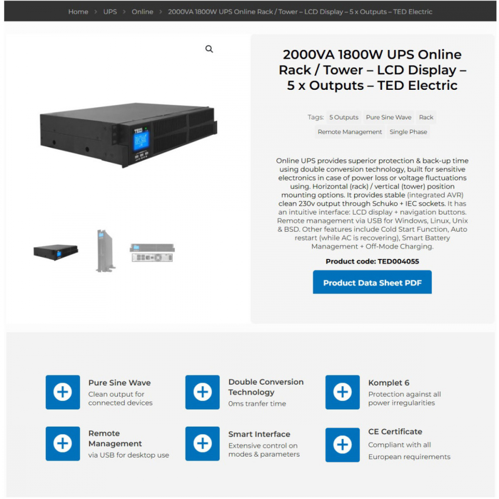 UPS Online Rack/Tower 2000VA 1800W Dubla Conversie Sinus Pur 5 Iesiri (Schuko+4IEC) Management Remote pentru Servere & Retelistica TED Electric TED004055 [4]