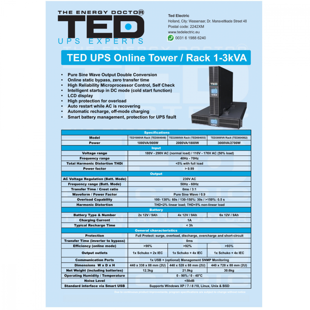 UPS Online Rack/Tower 3000VA 2700W Dubla Conversie Sinus Pur 5 Iesiri (Schuko+4IEC) Management Remote pentru Servere & Centre Date TED Electric TED004062 [6]