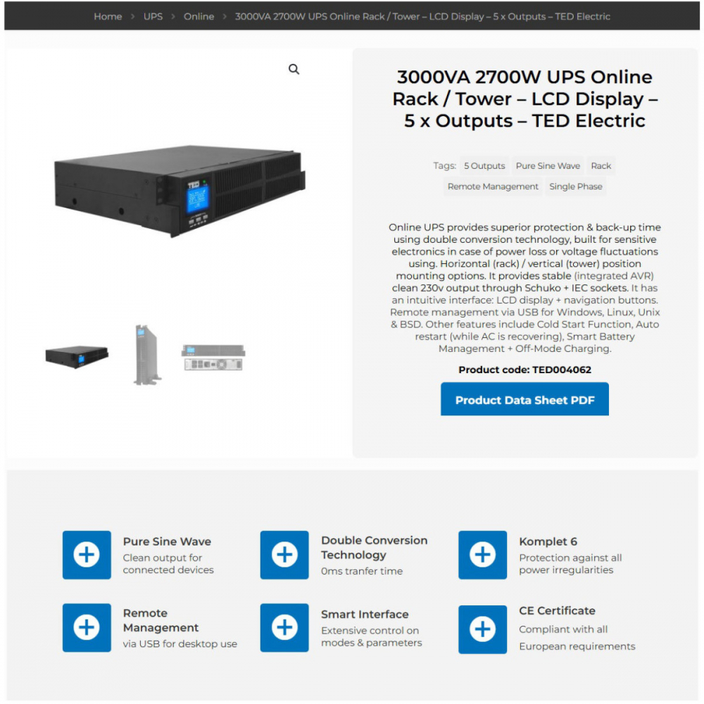 UPS Online Rack/Tower 3000VA 2700W Dubla Conversie Sinus Pur 5 Iesiri (Schuko+4IEC) Management Remote pentru Servere & Centre Date TED Electric TED004062 [4]