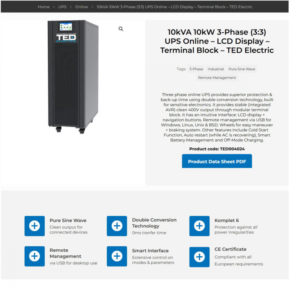 UPS Online Trifazat 10kVA 10kW Dubla Conversie Sinus Pur Terminal Block Management Remote Integrare SCADA/BMS pentru Centre Date & Industrial TED Electric TED004024 [2]