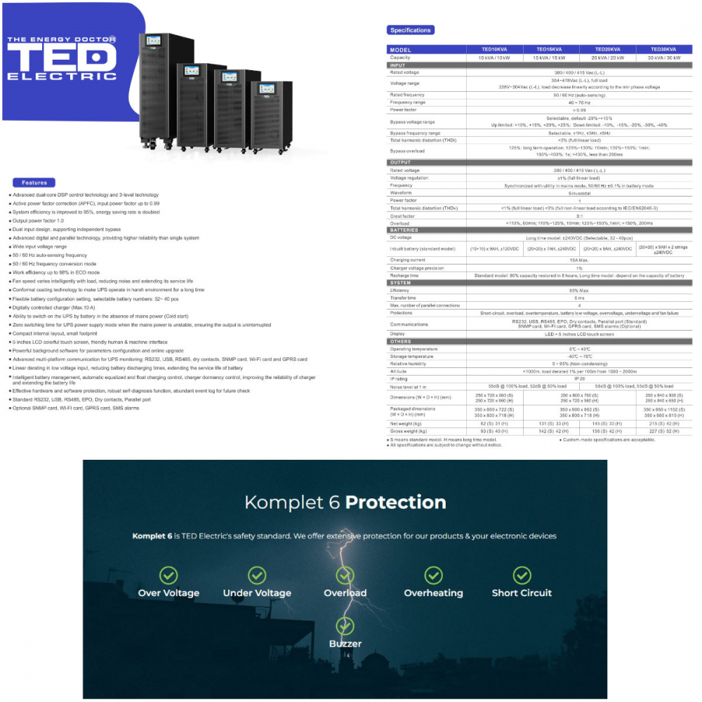 UPS Online Trifazat 10kVA 10kW Dubla Conversie Sinus Pur Terminal Block Management Remote Integrare SCADA/BMS pentru Centre Date & Industrial TED Electric TED004024 [5]