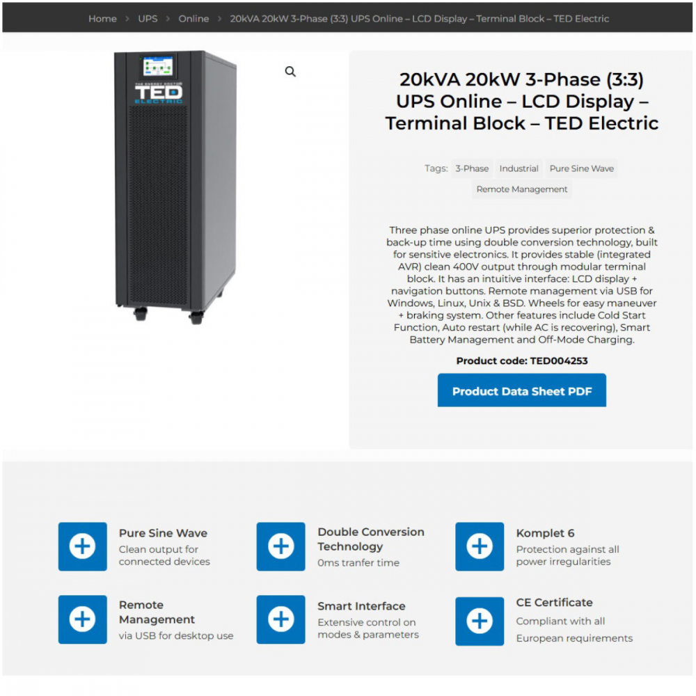 UPS Online Trifazat 20kVA 20kW Dubla Conversie Sinus Pur Terminal Block Management Remote Integrare SCADA/BMS pentru Centre Date & Industrial TED Electric TED004253 [2]