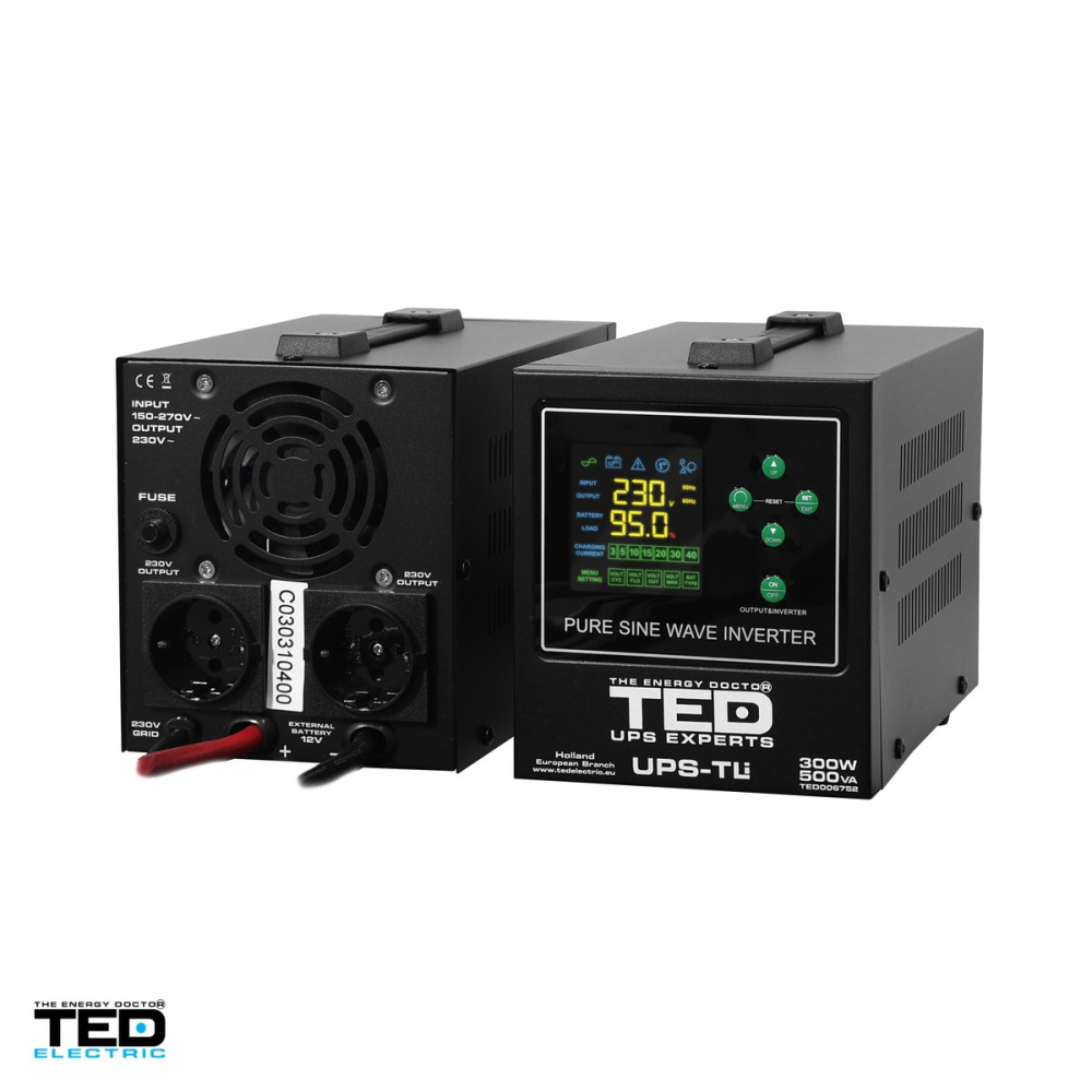 UPS pentru centrala termica TED Electric TED006752, 500 VA / 300 W, autonomie extinsa cu acumulator extern 12 V neinclus, unda sinusoidala pura, 2 prize Schuko, afisaj LED [4]