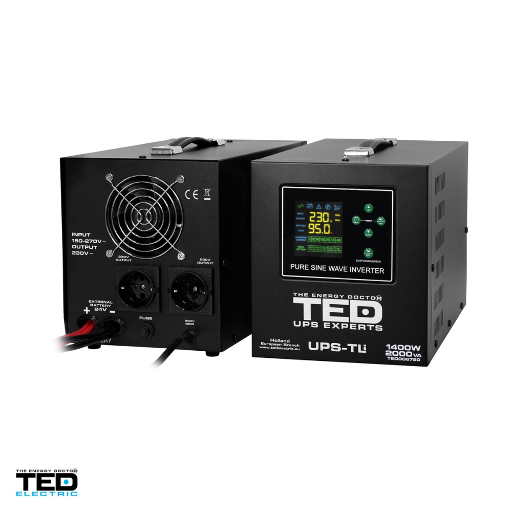 UPS pentru centrala termica TED Electric TED006790, 2000 VA / 1400 W, autonomie extinsa cu acumulatori externi 24 V neinclusi, unda sinusoidala pura, 2 prize Schuko, afisaj LED [4]