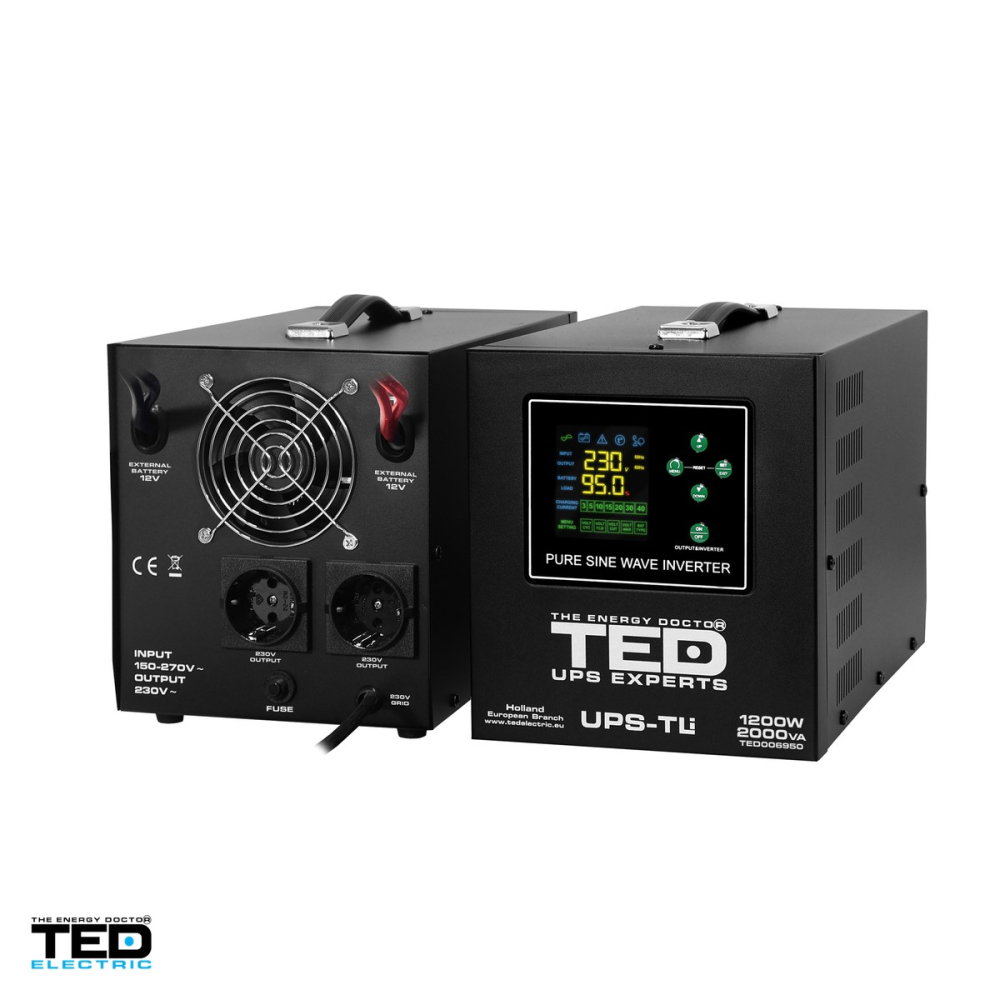 UPS pentru centrala termica TED Electric TED006950, 2000 VA / 1200 W, autonomie extinsa cu acumulator extern 12 V neinclus, unda sinusoidala pura, 2 prize Schuko, afisaj LED [4]