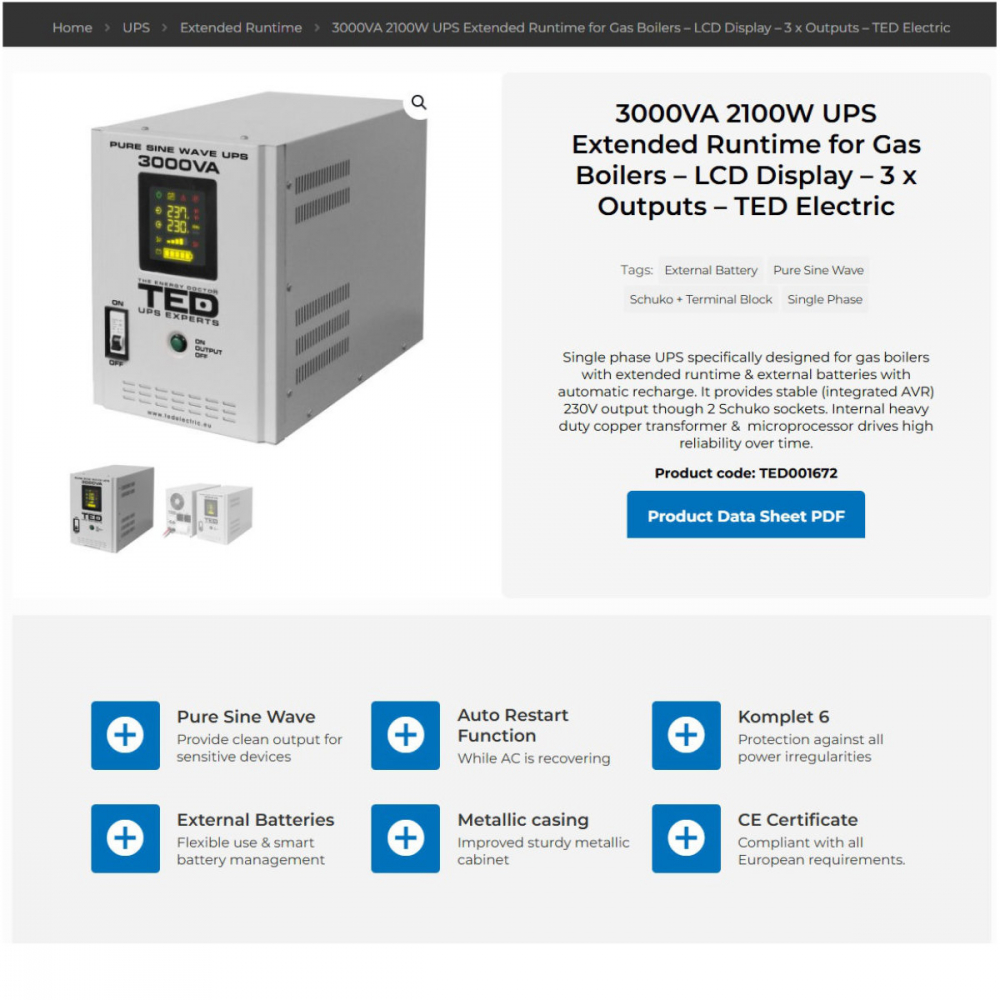 UPS Runtime Extins Pentru Centrala Termica 3000VA 2100W cu Sinus Pur, AVR, LCD, Baterii Externe, Komplet 6 Protectie - TED Electric TED001672 [3]