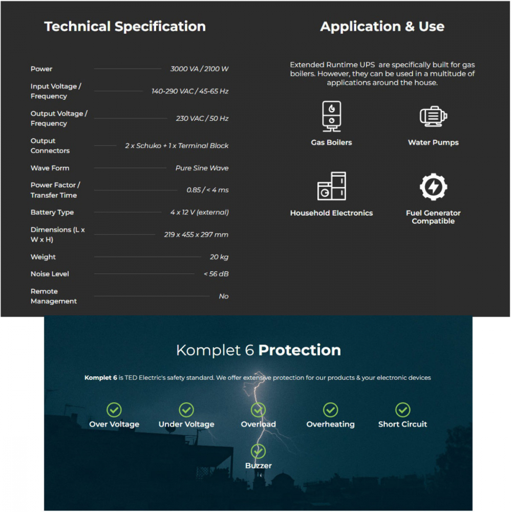 UPS Runtime Extins Pentru Centrala Termica 3000VA 2100W cu Sinus Pur, AVR, LCD, Baterii Externe, Komplet 6 Protectie - TED Electric TED001672 [4]
