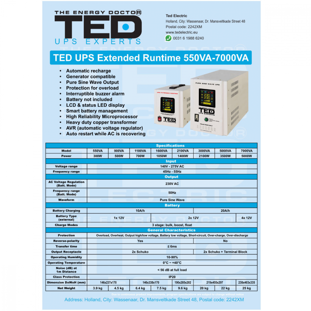 UPS Runtime Extins Pentru Centrala Termica 3000VA 2100W cu Sinus Pur, AVR, LCD, Baterii Externe, Komplet 6 Protectie - TED Electric TED001672 [5]