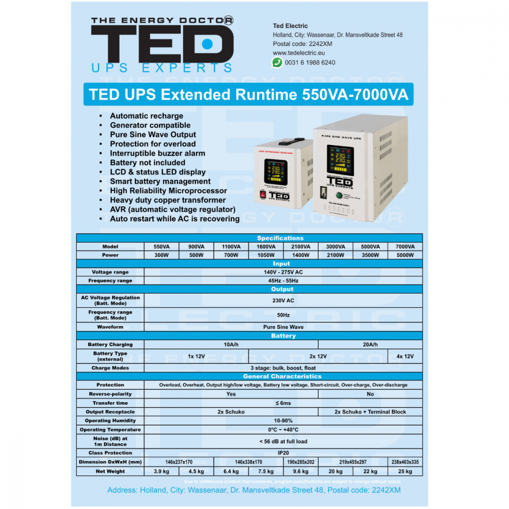 UPS Runtime Extins Pentru Centrala Termica 5000VA 3500W cu Sinus Pur, AVR, LCD, Baterii Externe, Komplet 6 Protectie - TED Electric TED001689 [5]
