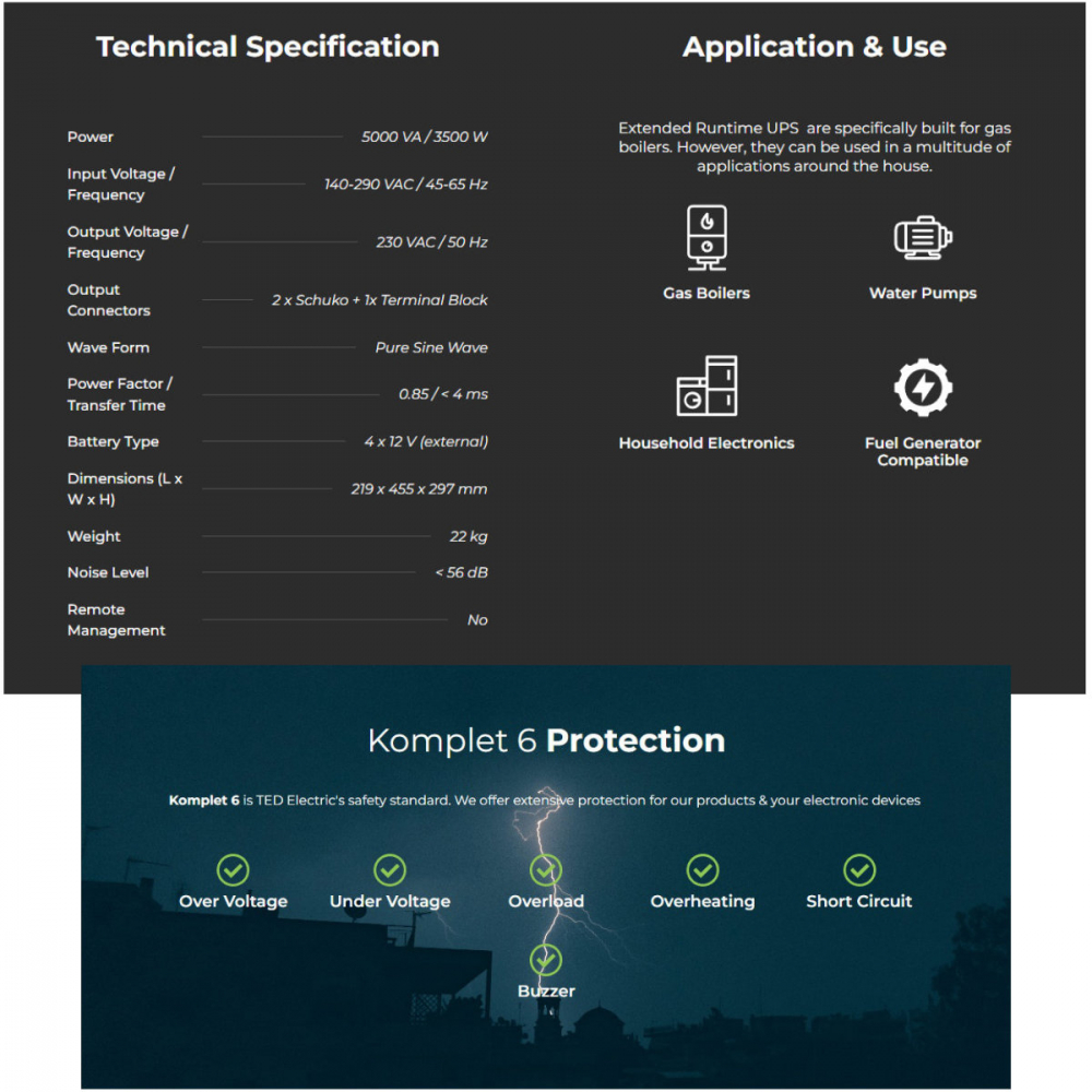 UPS Runtime Extins Pentru Centrala Termica 5000VA 3500W cu Sinus Pur, AVR, LCD, Baterii Externe, Komplet 6 Protectie - TED Electric TED001689 [4]