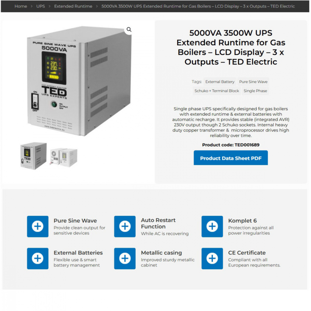 UPS Runtime Extins Pentru Centrala Termica 5000VA 3500W cu Sinus Pur, AVR, LCD, Baterii Externe, Komplet 6 Protectie - TED Electric TED001689 [3]