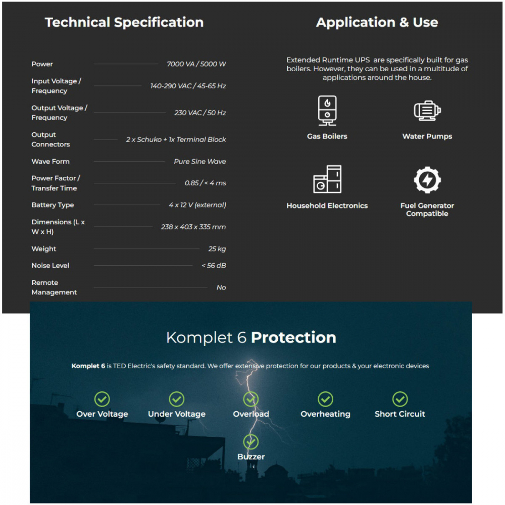 UPS Runtime Extins Pentru Centrala Termica 7000VA 5000W cu Sinus Pur, AVR, LCD, Baterii Externe, Komplet 6 Protectie - TED Electric TED001696 [4]