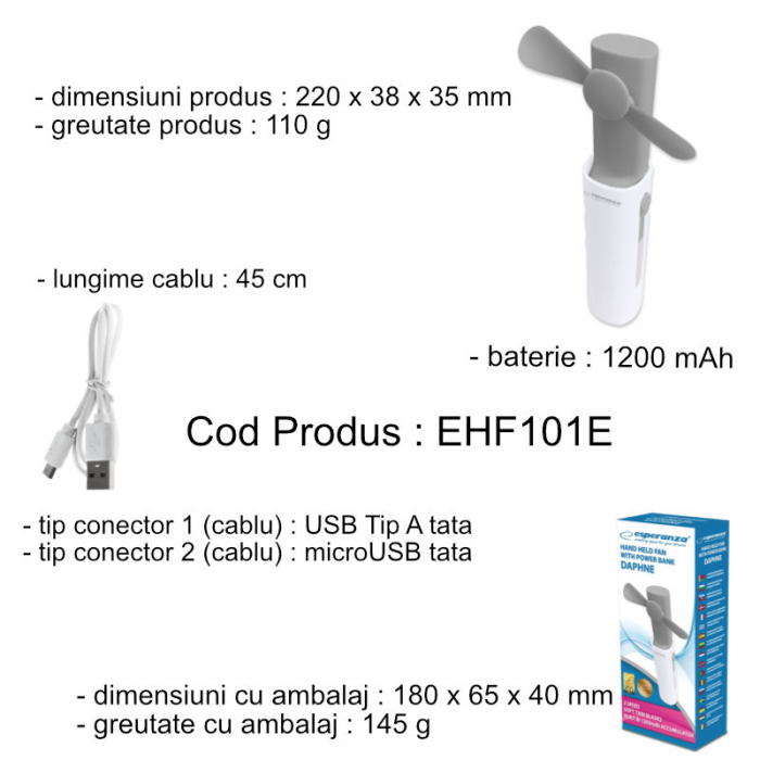 Ventilator de mana, Esperanza, 1200 mAh, Alb/Gri [6]
