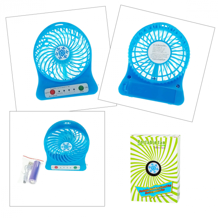 Ventilator de birou cu acumulator 18650 incorporat, lungime de 14cm, cablu de alimentare microUSB, 13313, albastru [5]
