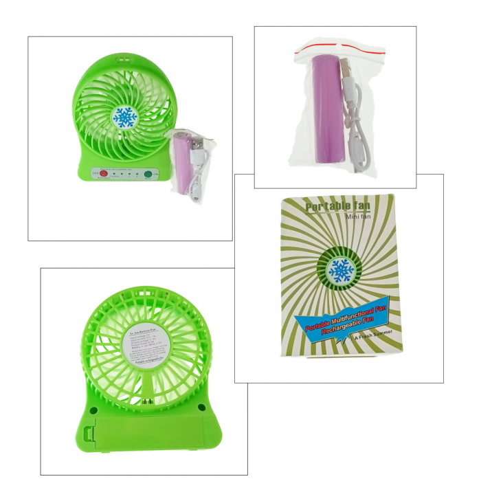 Ventilator de birou cu acumulator 18650 incorporat, lungime de 14cm, cablu de alimentare microUSB, 13313, verde [4]