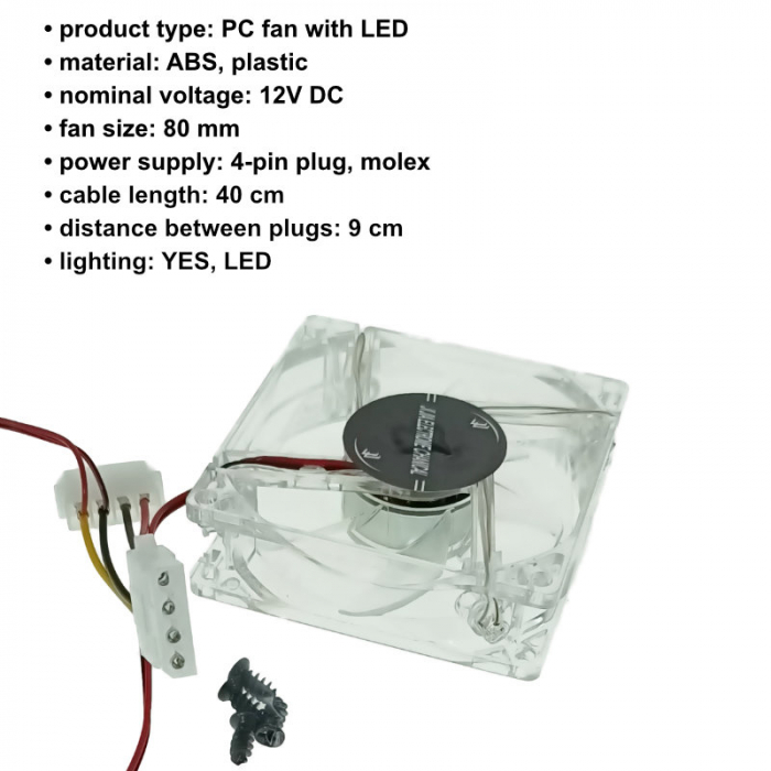 Ventilator PC 80 mm, LED multicolor, 4 pini, molex, 12V, transparent [6]
