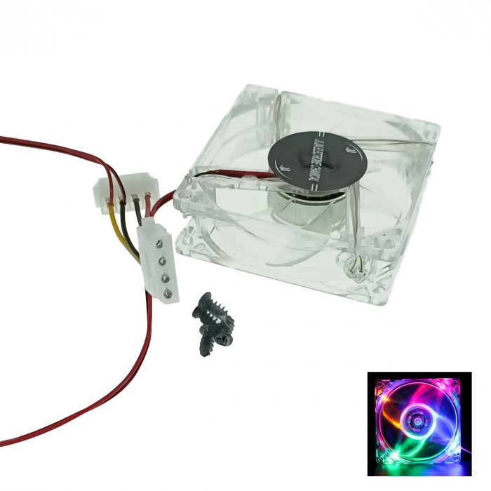 Ventilator PC 80 mm, LED multicolor, 4 pini, molex, 12V, transparent [3]