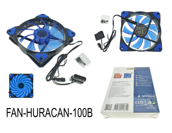 Ventilator PC, Gembird Huracan 100B, 120 x 120 x 25 mm, 15 Led albastre, 3p + 4p, 1100 rpm, 12V [5]