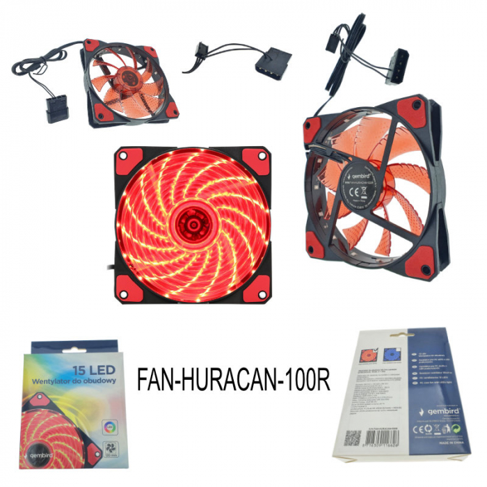 Ventilator PC, Gembird Huracan 100R, 120 x 120 x 25 mm, 15 Led rosii, 3p + 4p, 1100 rpm, 12V [6]