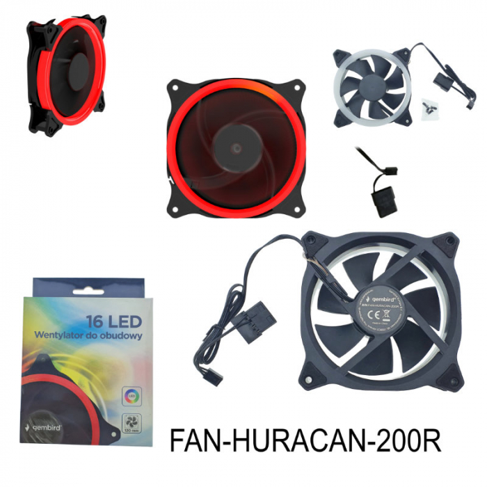 Ventilator PC, Gembird Huracan 200R, 120 x 120 x 25 mm, 16 Led rosii, 3p + 4p, 1100 rpm, 12V [6]