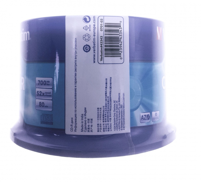 Verbatim - CD-R Verbatim AZO CRYSTAL [43343] , 700Mb , 80 min , 52X , Cake Box , 50 buc / pret/set [3]