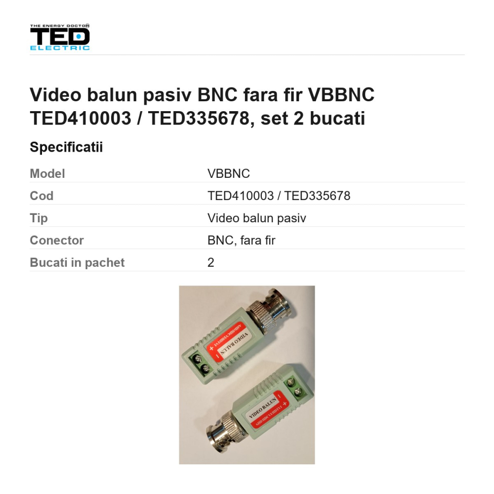 Video balun pasiv BNC fara fir VBBNC TED410003 / TED335678, set 2 bucati [3]
