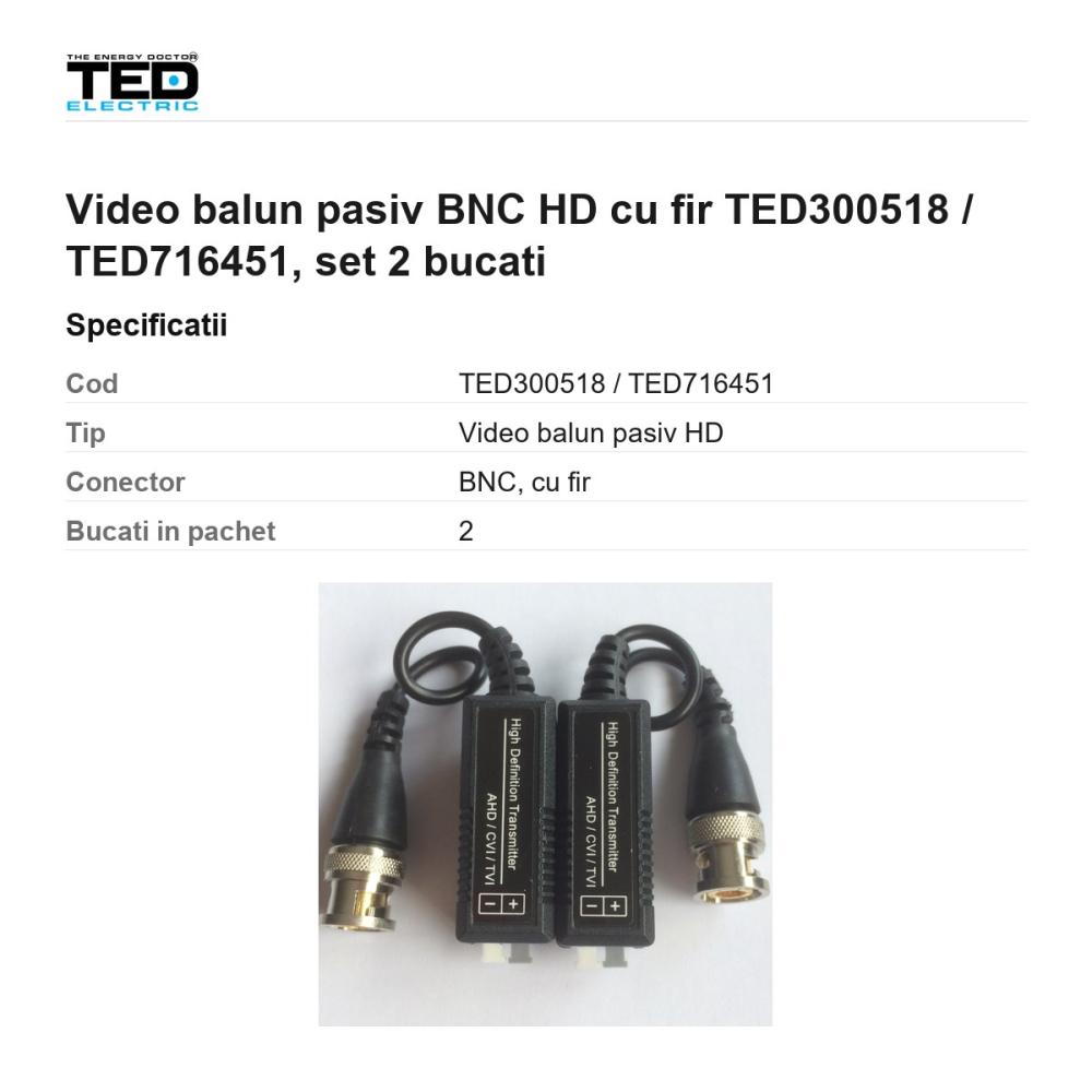 Video balun pasiv BNC HD cu fir TED300518 / TED716451, set 2 bucati [3]