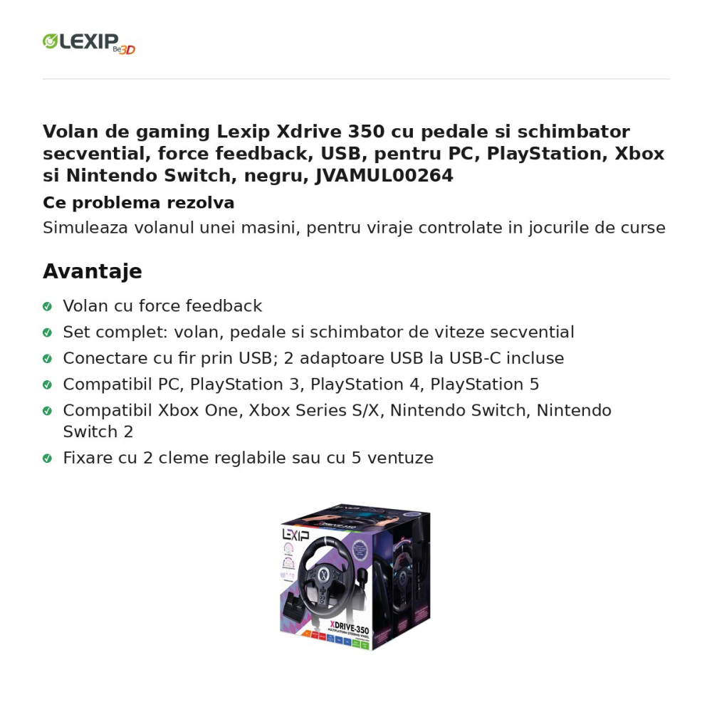 Volan de gaming Lexip Xdrive 350 cu pedale si schimbator secvential, force feedback, USB, pentru PC, PlayStation, Xbox si Nintendo Switch, negru, JVAMUL00264 [2]