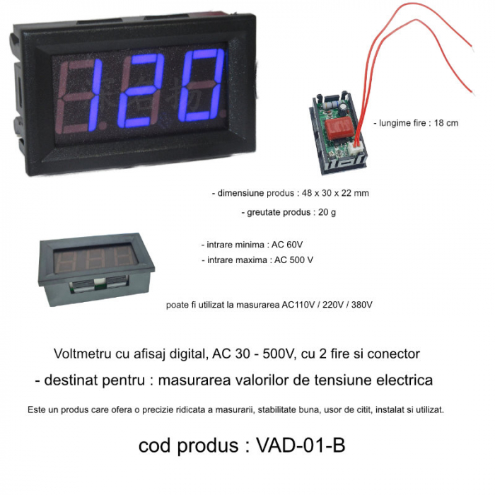 Voltmetru cu afisaj digital, AC 30 - 500V, cu 2 fire si conector, negru [6]