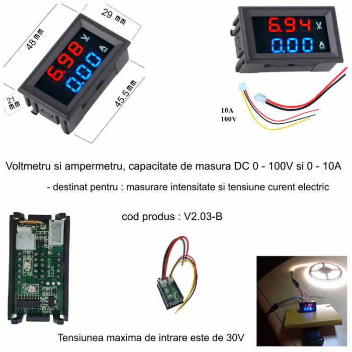Voltmetru si ampermetru, capacitate masura DC 0 - 100V si 0 - 10A, afisaj digital, cu fire de conectare [7]