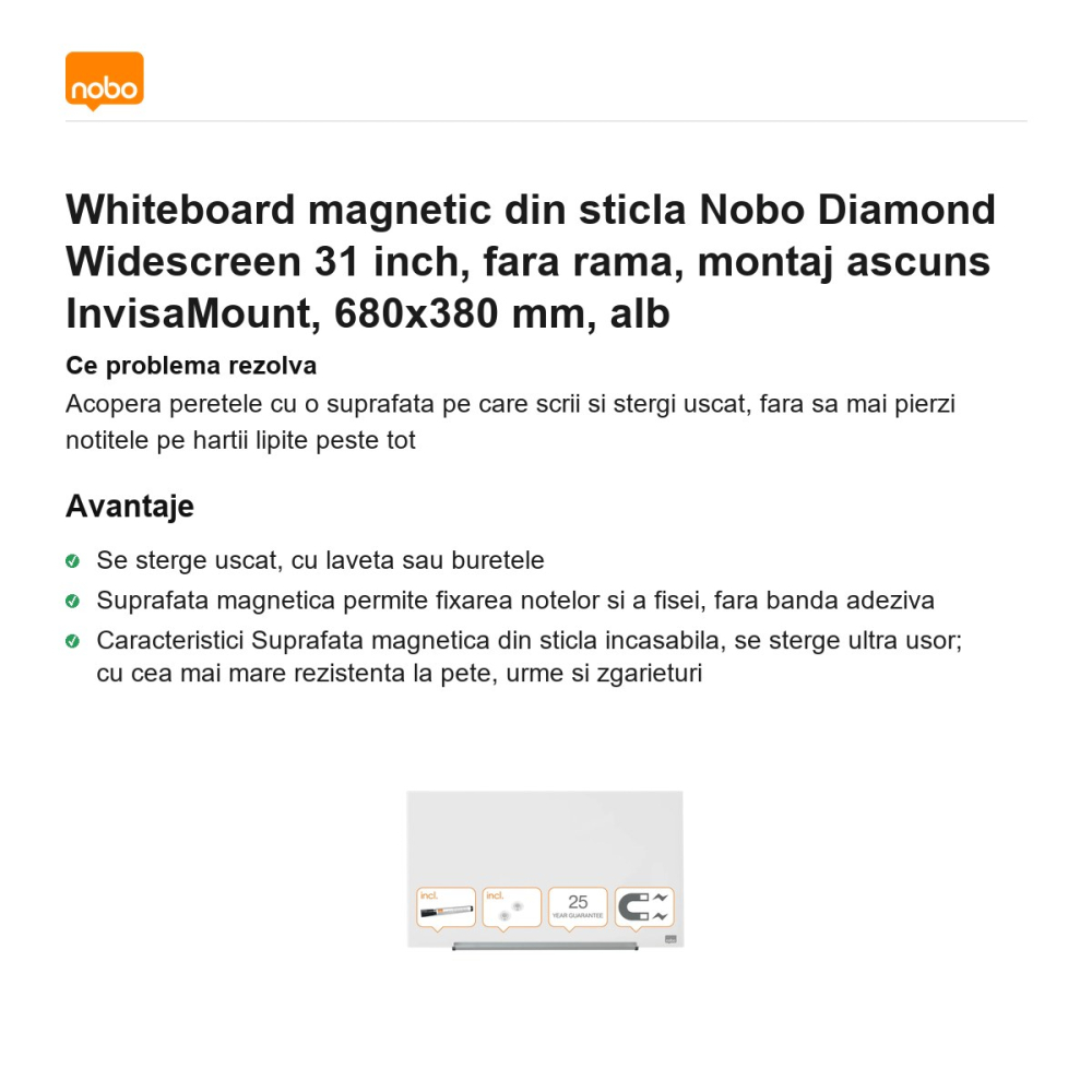 Whiteboard magnetic din sticla Nobo Diamond Widescreen 31 inch, fara rama, montaj ascuns InvisaMount, 680x380 mm, alb [2]