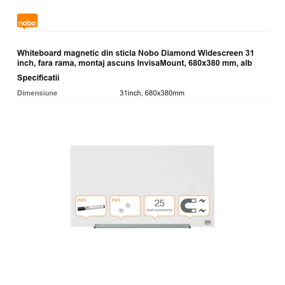 Whiteboard magnetic din sticla Nobo Diamond Widescreen 31 inch, fara rama, montaj ascuns InvisaMount, 680x380 mm, alb [3]