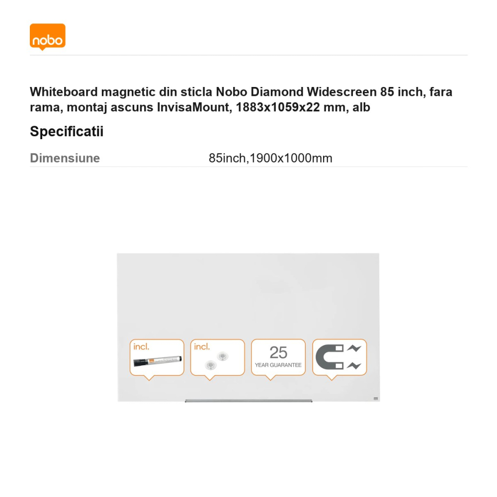 Whiteboard magnetic din sticla Nobo Diamond Widescreen 85 inch, fara rama, montaj ascuns InvisaMount, 1883x1059x22 mm, alb [3]
