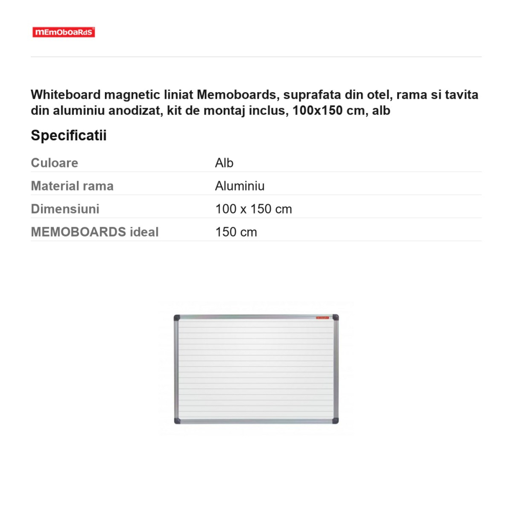 Whiteboard magnetic liniat Memoboards, suprafata din otel, rama si tavita din aluminiu anodizat, kit de montaj inclus, 100x150 cm, alb [3]
