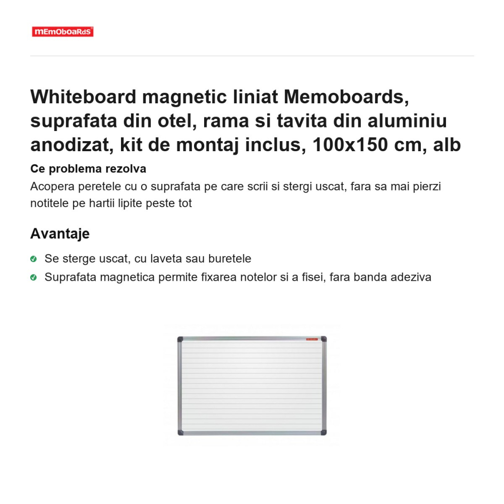 Whiteboard magnetic liniat Memoboards, suprafata din otel, rama si tavita din aluminiu anodizat, kit de montaj inclus, 100x150 cm, alb [2]