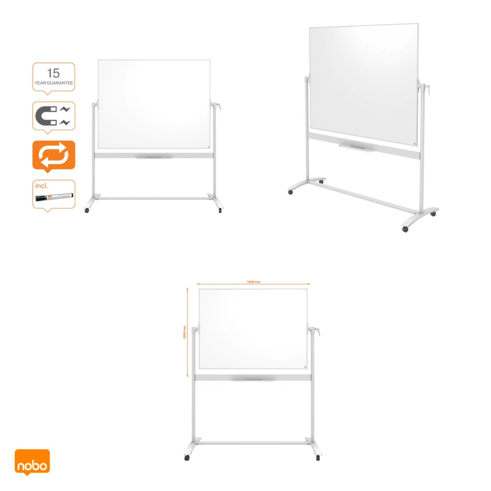 Whiteboard magnetic mobil Nobo Nano Clean, 2 fete cu pivot orizontal, cu roti, suprafata din otel, marker inclus, 120x150 cm, alb [4]