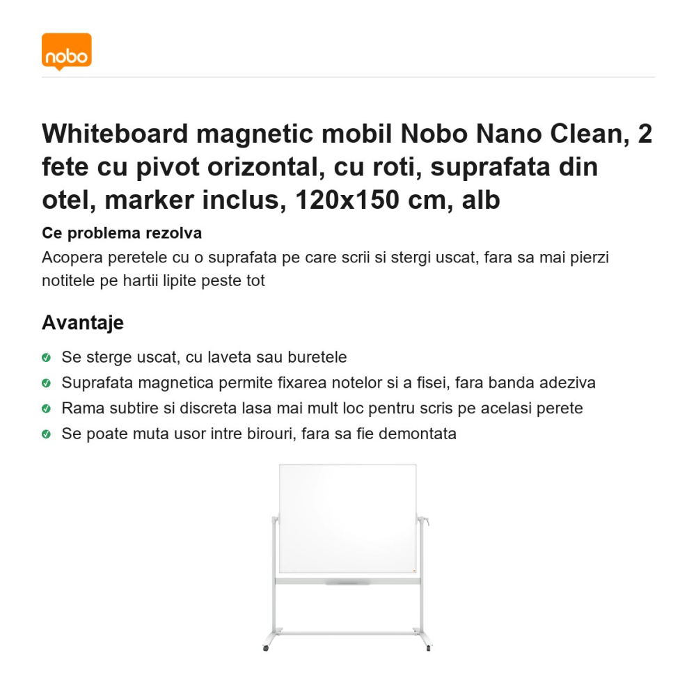 Whiteboard magnetic mobil Nobo Nano Clean, 2 fete cu pivot orizontal, cu roti, suprafata din otel, marker inclus, 120x150 cm, alb [2]